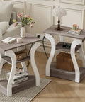 Two Piece End Table With Built In Charging Station For Your Couch And Bedside Modern Curved Nightstand Set Of Two in gray wood