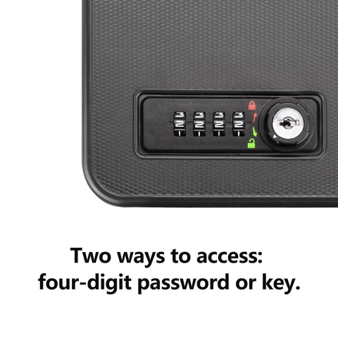 Close-up of lock mechanism on Small Pistol Safe Portable Handgun Case With 4 Digit Lock For Quick Access In Car Home Or Travel Compact
