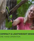 Woman using Ultra Compact 24V Cordless Mini Chainsaw Featuring 6 Inch Cut Bar for trimming branches with one hand.