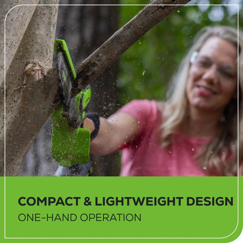 Woman using Ultra Compact 24V Cordless Mini Chainsaw Featuring 6 Inch Cut Bar for trimming branches with one hand.
