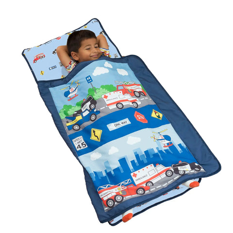 Nap Mat For Toddlers With Removable Pillow Fire Police Rescue Theme Roll Up Design Carry Handle Secure Straps Soft Microfiber