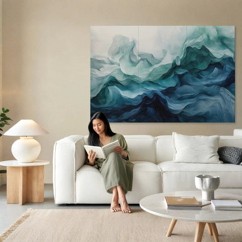 Premium Acoustic Wall Panels Amp Up Your Room Tone with Dazzling Aqua Dreams Artistry in a modern living room setting.