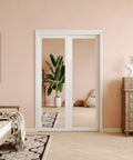 Mirror Sliding Closet Door 48 Inch Wide Double 25 Inch Panels 80 Inch Tall With Hardware Track Kit And Floor Guide installed in bedroom