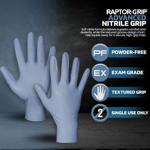 Top Tier Powder Free Nitrile Gloves In 2X Large featuring textured grip for automotive and EMS, blue nitrile material, pack of 100.