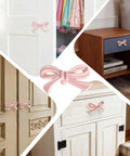 Various applications of Pink Bow Dresser Knobs 16 Pack Small Decorative Cabinet Drawer Pulls for Girls Bedroom and Nursery Decor on furniture.