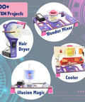 Over 100 STEM Projects Kit For Girls Ages 8 To 12 Mini Engineering Set showcasing Wonder Mixer, Hair Dryer, Cooler, Illusion Magic