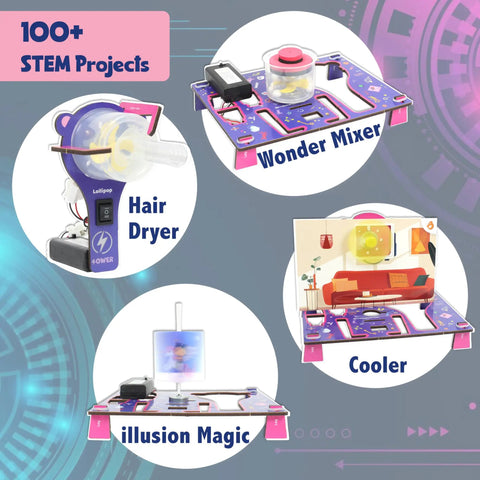Over 100 STEM Projects Kit For Girls Ages 8 To 12 Mini Engineering Set showcasing Wonder Mixer, Hair Dryer, Cooler, Illusion Magic