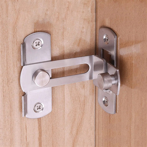 Heavy Duty Sliding Barn Door Latch With 90 Degree Angle Gate Lock Bolt For Wine Cabinet Drawer And Window Furniture Hardware mounted on wooden surface