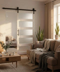 Heavy Duty Sliding Frosted Glass Barn Door With Five Panel Design And Full Roller Track Hardware Ready To Roll Smooth Glide System For Closet Bedroom Or Bathroom Modern Privacy Partition No Sweat Setup in a stylish living room.