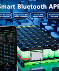 Active Balancing BMS for Lithium Battery Packs 4S-8S with 0.4A Transfer showcased with Bluetooth app on smartphone and battery pack.