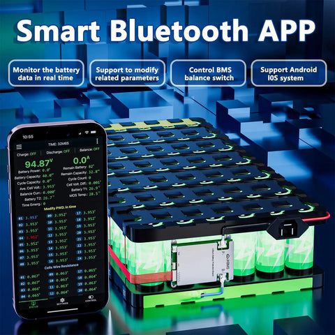 Active Balancing BMS for Lithium Battery Packs 4S-8S with 0.4A Transfer showcased with Bluetooth app on smartphone and battery pack.