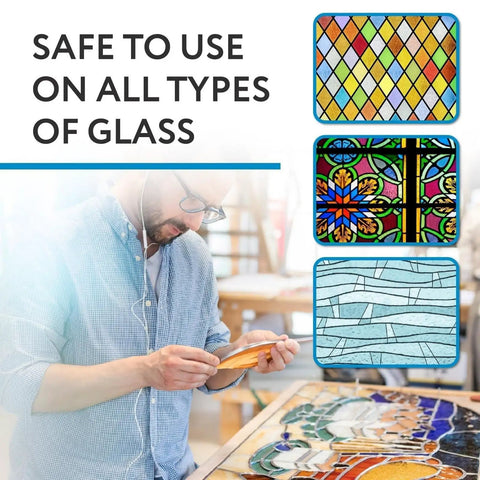 Man using Liquid Zinc Flux For Stained Glass Soldering, 8 Oz Water Soluble Formula on stained glass pieces safely