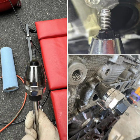 Damaged Bolt And Stud Extractor Tool Grips And Removes One Quarter To One Half Inch Studs With Three Eighth Inch Drive shown in use