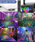 Party Lights And Disco Ball 2 In 1 RGB Color Changing Stage Lighting With Sound Activated Strobe illuminating various settings.