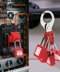 OSHA Compliant Lockout Tagout Kit 58 Piece Pro Grade Electrical Safety Set With Padlocks, Hasps in use on industrial equipment.
