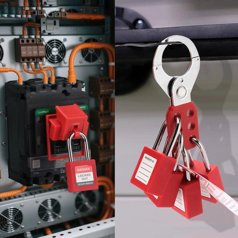OSHA Compliant Lockout Tagout Kit 58 Piece Pro Grade Electrical Safety Set With Padlocks, Hasps in use on industrial equipment.