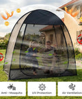 Pop Up Screen Tent 6x6 Feet Black Mesh Gazebo With Peaked Roof No Fuss Snap Fit Portable Screen Room Shelter For Camping Backyard And Picnic Sunshade And Sandbags shown in a backyard setting with two people seated inside.