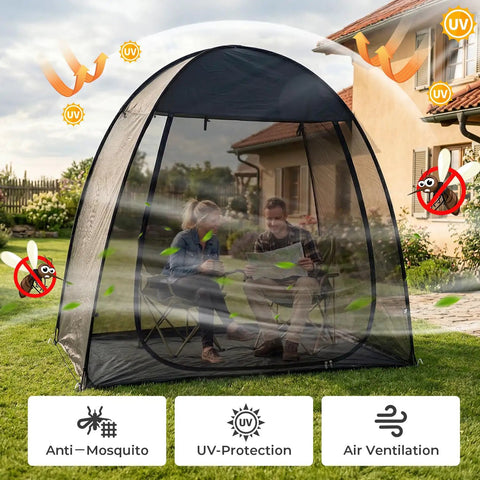Pop Up Screen Tent 6x6 Feet Black Mesh Gazebo With Peaked Roof No Fuss Snap Fit Portable Screen Room Shelter For Camping Backyard And Picnic Sunshade And Sandbags shown in a backyard setting with two people seated inside.
