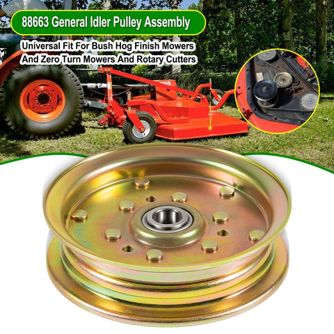 General Idler Pulley Assembly, gold metal with central bearing for lawn mowers and rotary cutters, replacement part