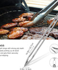 8 Piece BBQ Grill Tools Set With Extra Thick Stainless Steel Spatula, Fork, Tongs, Cleaning Brush, Extra Brush Head, And Portable Storage Bag, Premium Stainless Kit For Grilling Pros, Great Gift For Men, Black - Tongs close-up on grill