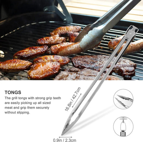 8 Piece BBQ Grill Tools Set With Extra Thick Stainless Steel Spatula, Fork, Tongs, Cleaning Brush, Extra Brush Head, And Portable Storage Bag, Premium Stainless Kit For Grilling Pros, Great Gift For Men, Black - Tongs close-up on grill
