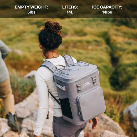 Hiker wearing a Floating Backpack Cooler With 24 Can Capacity 14L Insulated And Leakproof Waterproof Zippers, walking outdoors.