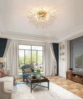 Living room with Six Light Sputnik Flush Mount Ceiling Light in Gold with Crystal Firework Design, close to ceiling.