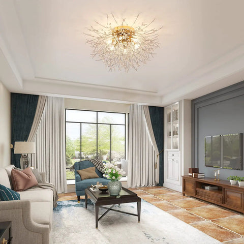 Living room with Six Light Sputnik Flush Mount Ceiling Light in Gold with Crystal Firework Design, close to ceiling.