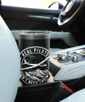 Sailplane Pilot Club Insulated Stainless Steel Tumbler in car cup holder, displaying glider design, for glider fans and flight crews.