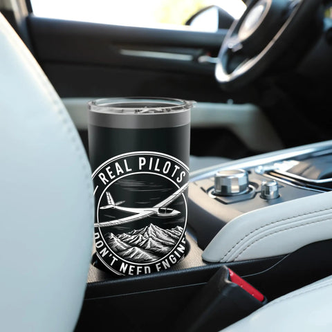 Sailplane Pilot Club Insulated Stainless Steel Tumbler in car cup holder, displaying glider design, for glider fans and flight crews.