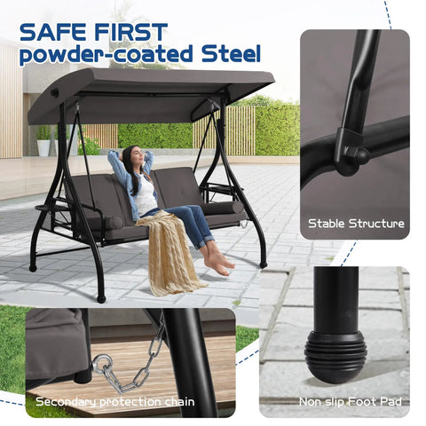 Three Seat Patio Swing With Adjustable Canopy And Stand Heavy Duty Outdoor Porch Glider Bench With Cushions Pillows Gray