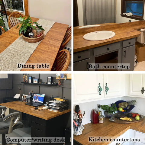 Wood Grain Peel And Stick Wallpaper For Countertops And Cabinets Waterproof Easy To Clean Self Adhesive Removable Vinyl Roll Rustic Brown Yellow 17.7 Inch Wide By 78.7 Inch Long DIY Friendly No Mess Kitchen Remodel used on dining table, bath countertop, desk, and kitchen