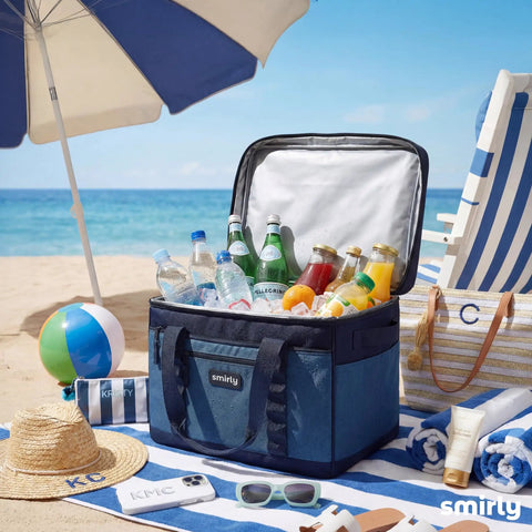Heavy Duty Insulated Cooler Bag Holds 48 Cans Slap It On The Trunk Collapsible Soft Side Carry Tote on beach with drinks inside.