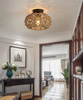 Dope Boho Semi Flush Mount Ceiling Light With Woven Hemp Rope Cage And Rattan Wicker Rustic Charm in elegant hallway.