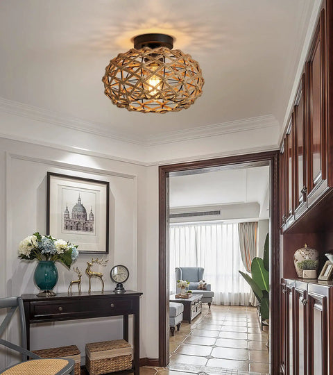 Dope Boho Semi Flush Mount Ceiling Light With Woven Hemp Rope Cage And Rattan Wicker Rustic Charm in elegant hallway.