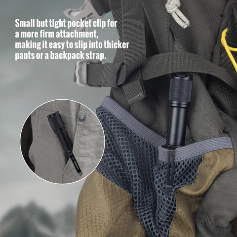 AA USB C Rechargeable Flashlight clipped to backpack, emphasizing portability and secure attachment.
