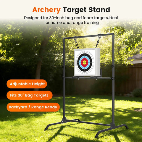 Adjustable Archery Target Stand For 30 Inch Bags And Foam Targets, Bow And Arrow Target Stand shown in a backyard setting.