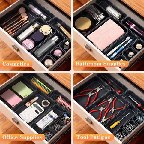 Interlocking Drawer Organizer Set in Three Sizes for Kitchen, Office, Makeup, Jewelry, and Tools, organized in drawer