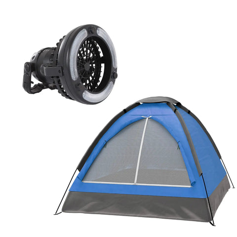 Two Person Dome Tent And Hanging LED Lantern Fan Camping Gear Set For Backpacking Hiking Or Backyard Adventures