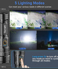 Rechargeable LED Flashlight 20,000 Lumens XHP70.2 Beam displaying 5 lighting modes for varied outdoor scenes.