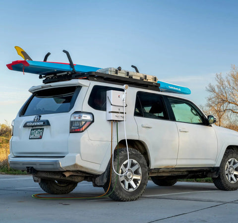 Portable Outdoor Tankless Water Heater Crushes Cold Water Blues With 7 Liters Per Minute Flow mounted on SUV for outdoor use.