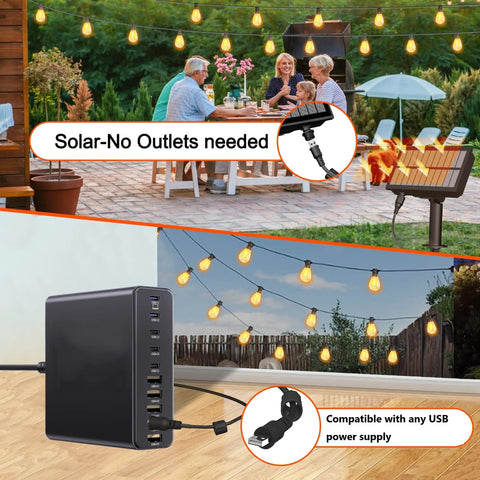 60 Ft Solar String Lights With Remote Control Waterproof Copper Wire Led Bulbs 15 Plus 2 Shatterproof Outdoor Patio Garden Market Bistro Backyard Fence Decor Lit Vibe 8 Lighting Modes Auto Charging Panel showcasing LED bulbs illuminating a garden dining area at night with a solar panel charger.