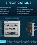 Specifications diagram of 18 Inch Wall Mounted Shutter Exhaust Fan With Speed Controller, Aluminum Louvers and Blades, 1400 RPM, 2000 CFM