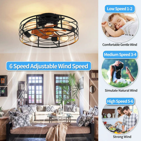 Caged Ceiling Fan With Light 20 Inch Low Profile Flush Mount Industrial Vibe With Ultra Quiet Reversible Motor Remote Control And 6 Speed Settings Timers 1 2 4 Hours For Kitchen Bedroom Living Room