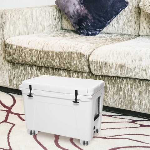Furniture Caster Wheels Replacement with Brake, ABS Silent Mobility on a white storage container in a living room.