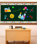 Classroom with Colorful Science Bulletin Board Borders Set 72 Feet Scalloped Chemistry Lab Trim, showing lab equipment illustrations.