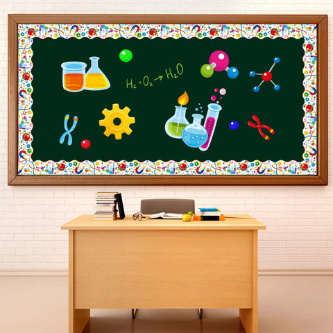 Classroom with Colorful Science Bulletin Board Borders Set 72 Feet Scalloped Chemistry Lab Trim, showing lab equipment illustrations.