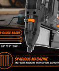 Close-up of Cordless 20V Max 18 Gauge Brad Nailer with 100 nail magazine capacity, showing 18-gauge brads and spacious magazine.