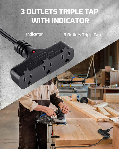 Heavy Duty Metal Extension Cord Reel 30Ft Retractable With 16AWG 3C SJTW Cord Three Outlets 10A Breaker Wall Or Ceiling Mount For Workshop Garage UL Listed with three outlets shown in a workshop setting.