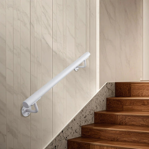 Built Like A Tank Two Foot White Steel Stair Railing With Heavy Duty Wall Mount Brackets To Keep Your Footing Locked Down On Indoor And Outdoor Steps As A Senior Grab Bar installed on wall next to wooden steps.